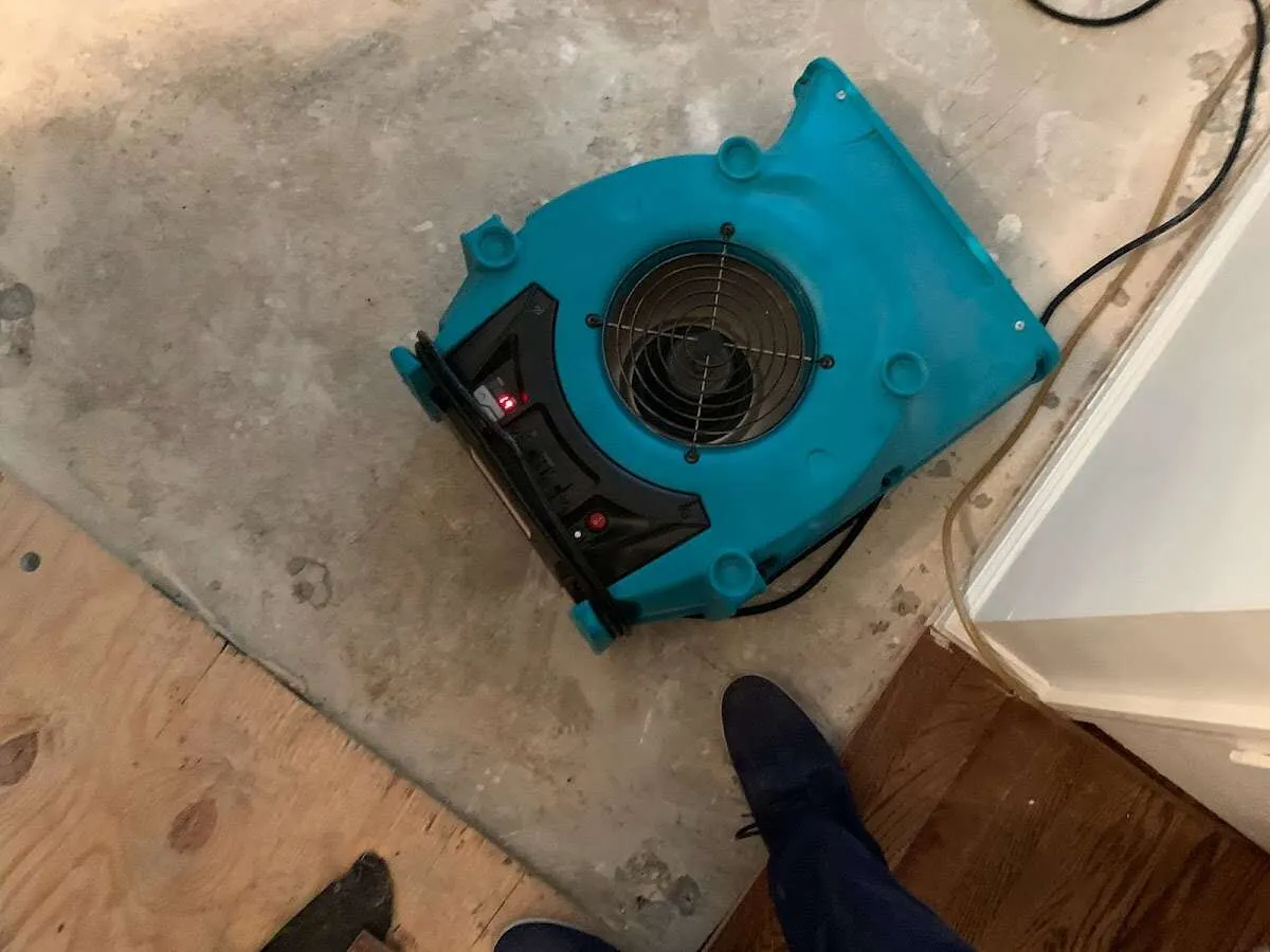 Air mover drying subfloor during Leak Detection & Repair in Coos Bay
